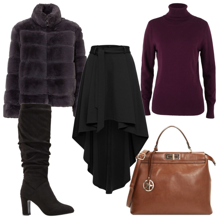 Outfit donna - Total look #1773186. Stile Glamour per Tutti i giorni. Abbinamento con ecopellicce, maglieria, gonne, stivali sopra il ginocchio, borse a mano.
