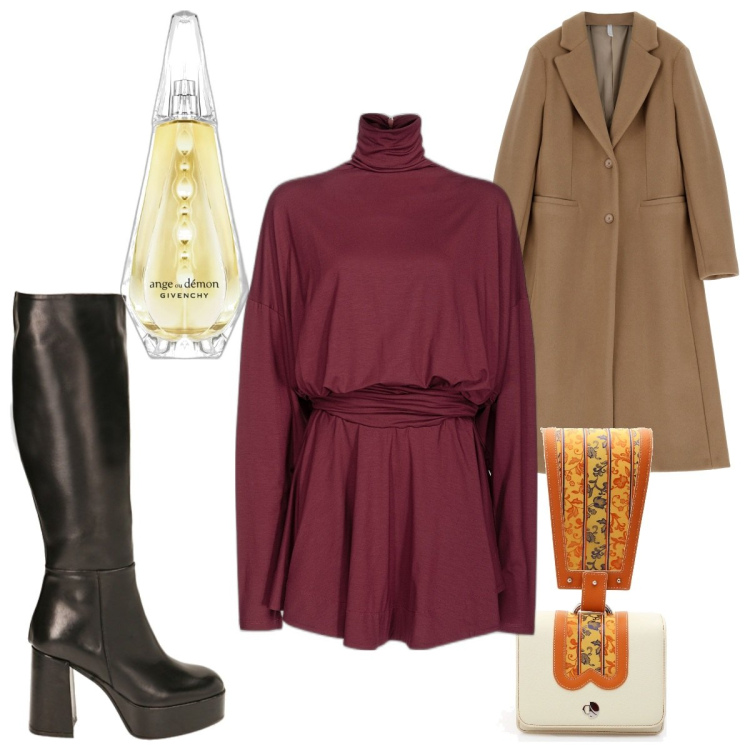 Outfit donna - Total look #1773191. Stile Trendy per Tutti i giorni. Abbinamento con profumi, vestiti corti, cappotti, stivali sopra il ginocchio, borse a mano.
