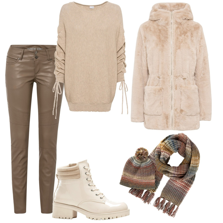 Outfit donna - Tono su tono. Stile Casual per Tutti i giorni. Abbinamento con ecopellicce, sciarpe, pantaloni, maglieria, stivaletti.