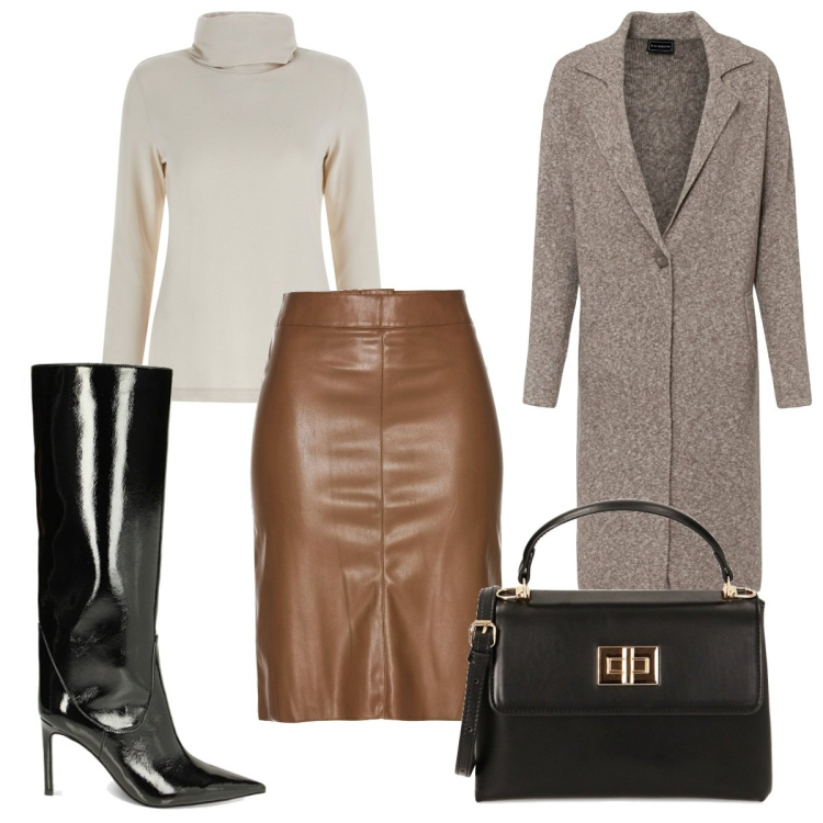 Outfit donna - Total look #1773193. Stile Trendy per Tutti i giorni. Abbinamento con cappotti, gonne longuette, maglieria, stivali sopra il ginocchio, borse a mano.