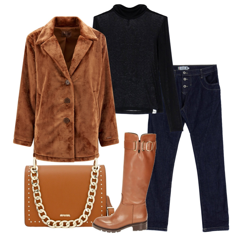 Outfit donna - Tobacco time. Stile Casual per Tutti i giorni. Abbinamento con jeans, maglieria, pochette, cappotti, stivali.