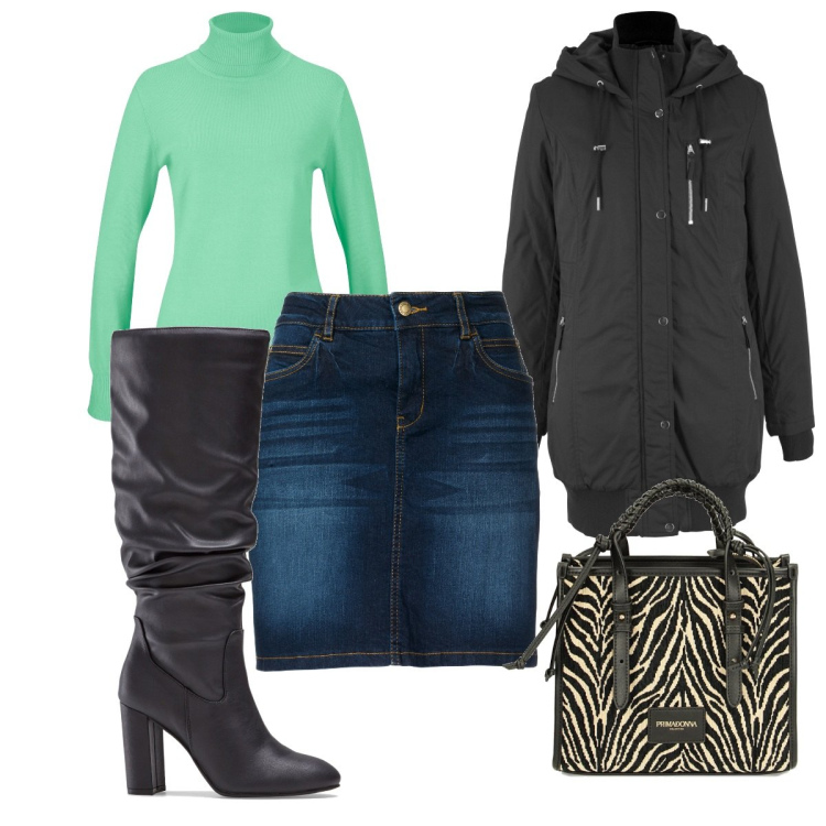 Outfit donna - Total look #1773199. Stile Trendy per Tutti i giorni. Abbinamento con gonne, giacche, maglieria, stivali sopra il ginocchio, borse a mano.