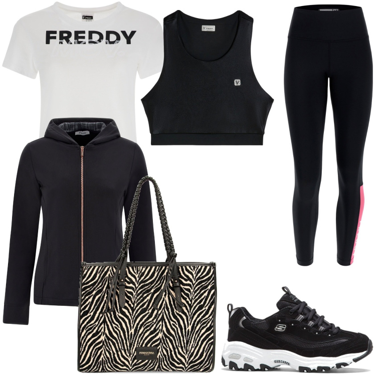Outfit donna - Sportiva in palestra. Stile Sporty chic per Sport. Abbinamento con scarpe sportive, top, leggings, felpe con cappuccio, t-shirt, borse a spalla.