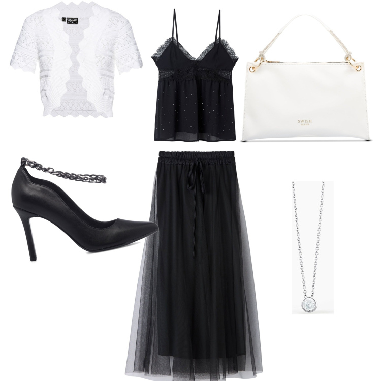 Outfit donna - Bianco e nero. Stile Bon Ton per Serata fuori. Abbinamento con blazer, gonne lunghe, canottiere, collane, décolleté, borse a mano.