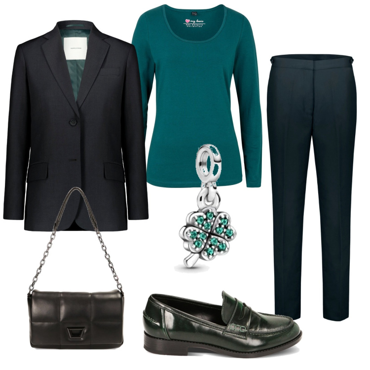 Outfit donna - Ufficio. Stile Bon Ton per Ufficio. Abbinamento con t-shirt sportive, mocassini, borse a tracolla, blazer, pantaloni, ciondoli.