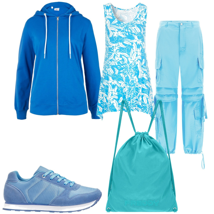 Outfit donna - Celeste acqua brillante. Stile Casual per Tutti i giorni. Abbinamento con felpe con cappuccio, sneakers, top, pantaloni cargo, zaini.