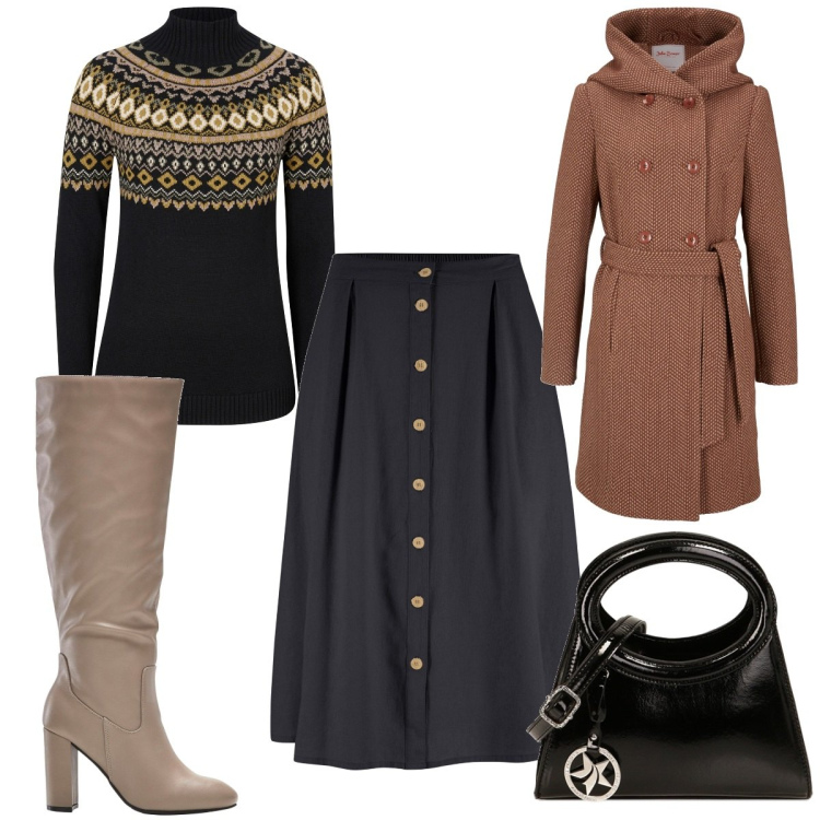 Outfit donna - Total look #1773235. Stile Trendy per Tutti i giorni. Abbinamento con gonne longuette, maglieria, cappotti, stivali sopra il ginocchio, borse a spalla.