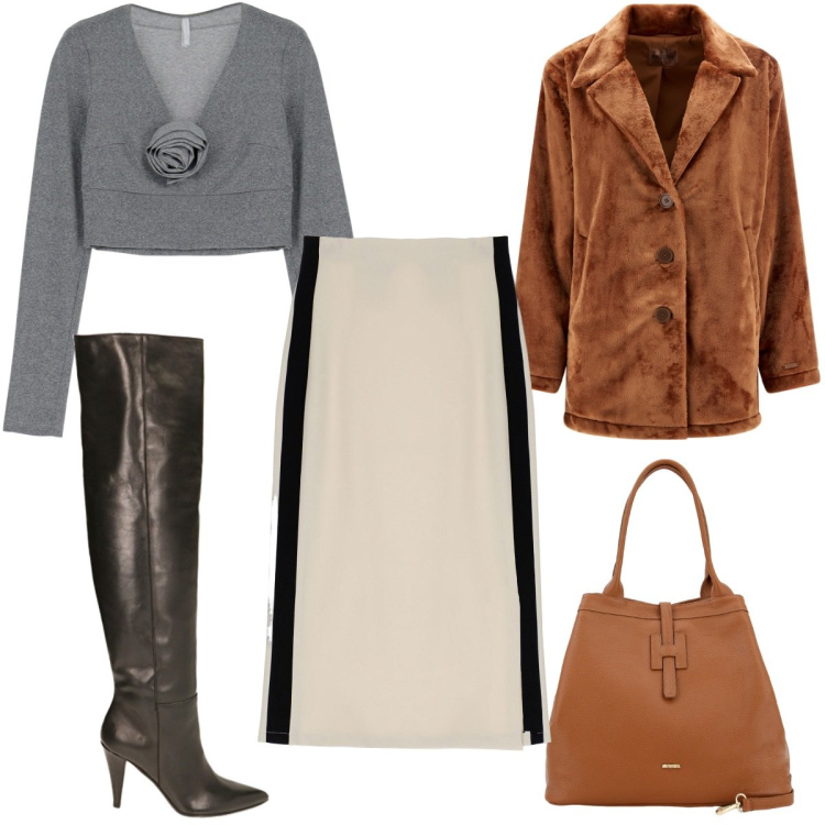 Outfit donna - Total look #1773237. Stile Trendy per Tutti i giorni. Abbinamento con gonne longuette, maglieria, borse a secchiello, cappotti, stivali sopra il ginocchio.