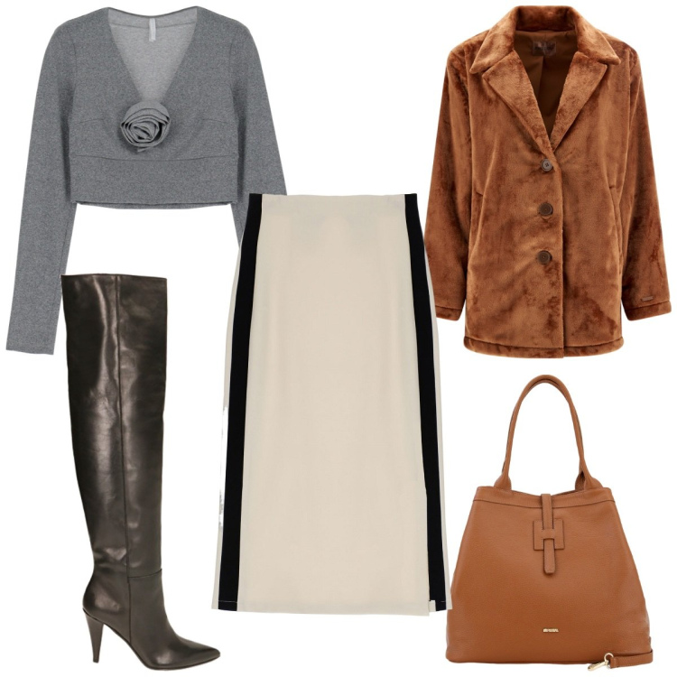 Outfit donna - Total look #1773238. Stile Trendy per Tutti i giorni. Abbinamento con gonne longuette, maglieria, borse a secchiello, cappotti, stivali sopra il ginocchio.