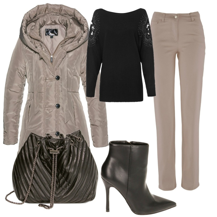 Outfit donna - Total look #1773249. Stile Basic per Serata fuori. Abbinamento con blazer, pantaloni, maglieria, borse a secchiello, stivaletti.