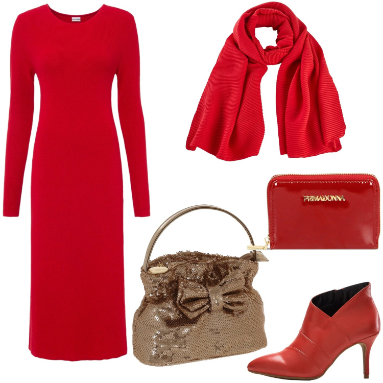 Outfit donna - Vigilia di Natale Camomilla. Stile Chic per Tutti i giorni. Abbinamento con vestiti, stivaletti, foulard, portafogli, valigie.