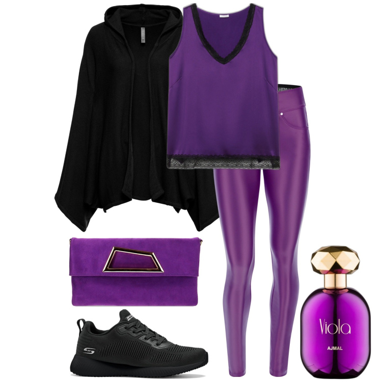 Outfit donna - Winter vibes. Stile Sporty chic per Tutti i giorni. Abbinamento con sneakers, cardigans, profumi, pochette, pantaloni skinny, top.