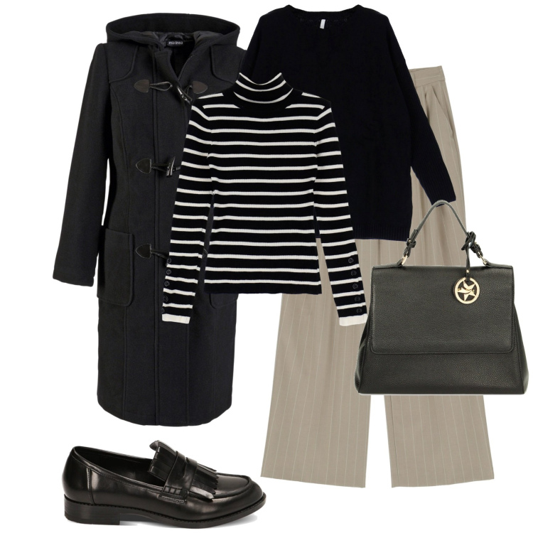 Outfit donna - Winter vibes. Stile Minimal per Tutti i giorni. Abbinamento con montgomery, maglieria, pantaloni a palazzo, maglieria, mocassini, borse a mano.