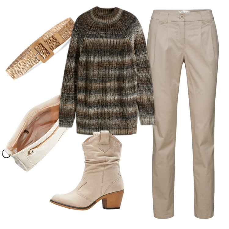 Outfit donna - Total look #1773280. Stile Basic per Ufficio. Abbinamento con pantaloni chino, stivaletti texani, maglieria, cinture, borse a tracolla.