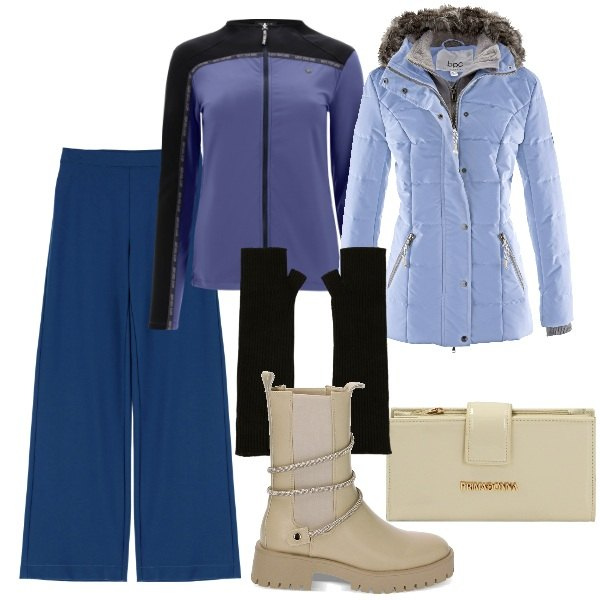 Outfit donna - Prima neve. Stile Sporty chic per Tutti i giorni. Abbinamento con piumini, pantaloni a palazzo, guanti, maglieria, stivaletti chelsea, portafogli.