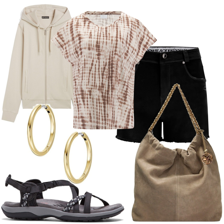 Outfit donna - In giro per la città. Stile Casual per Tutti i giorni. Abbinamento con sandali, shorts, felpe con cappuccio, t-shirt, borse a spalla, orecchini.