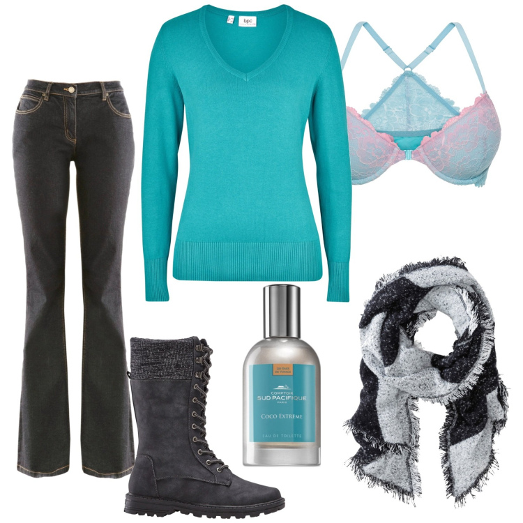 Outfit donna - Total look #1773296. Stile Casual per Tutti i giorni. Abbinamento con maglieria, reggiseni, sciarpe, stivali sopra il ginocchio, jeans bootcut, profumi.