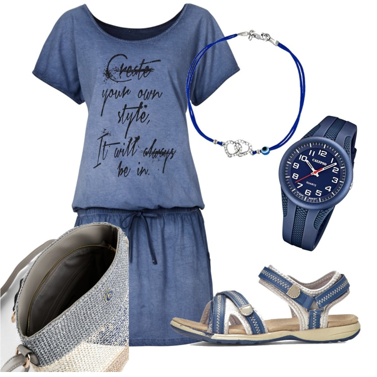 Outfit donna - Total look #1773310. Stile Basic per Scuola/Università. Abbinamento con vestiti corti, sandali, borse a tracolla, braccialetti, orologi.