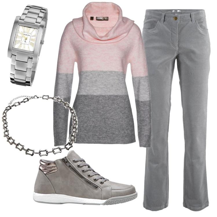 Outfit donna - Total look #1773313. Stile Basic per Ufficio. Abbinamento con pantaloni, maglieria, sneakers alte, orologi, collane.