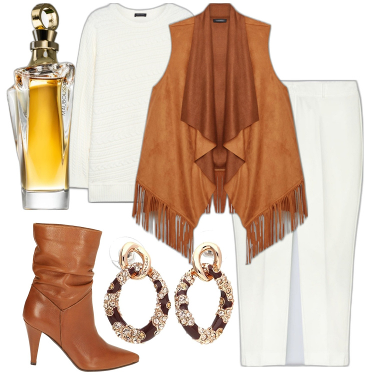 Outfit donna - Fringed Mood by Fiorella Rubino. Stile Glamour per Tutti i giorni. Abbinamento con profumi, stivaletti, gilet, pantaloni, orecchini, maglieria.