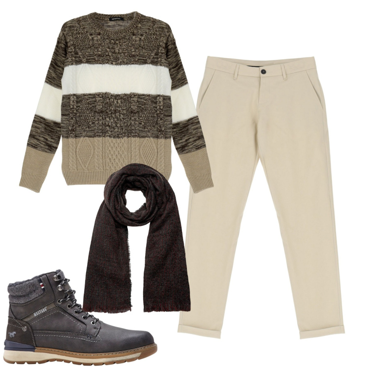 Outfit uomo - City. Stile Trendy per Tutti i giorni. Abbinamento con stivali e stivaletti, pantaloni, maglieria, sciarpe.