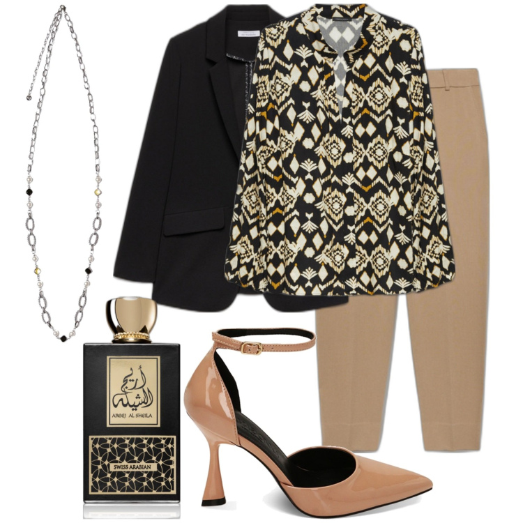 Outfit donna - Office. Stile Urban per Ufficio. Abbinamento con profumi, décolleté, pantaloni, bluse, blazer, collane.