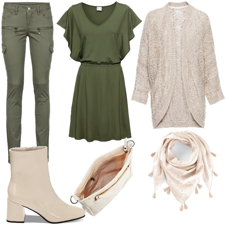 Outfit donna - fauno dei boschi. Stile Casual per Tutti i giorni. Abbinamento con pantaloni cargo, vestiti, borse a tracolla, cardigans, foulard, stivaletti.