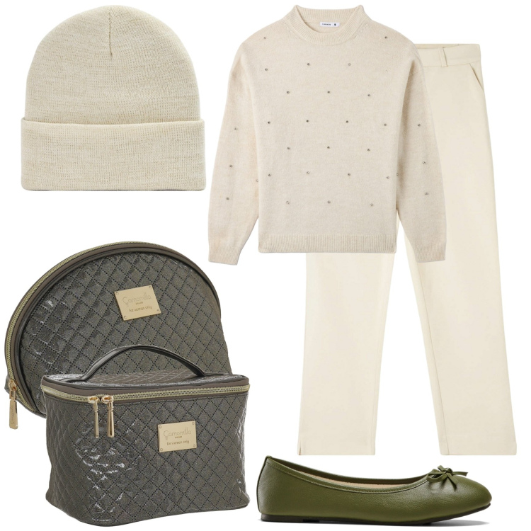 Outfit donna - Christmas with Camomilla Milano. Stile Bon Ton per Tutti i giorni. Abbinamento con ballerine, pantaloni chino, maglieria, cappelli con visiera, clutch, valigie.