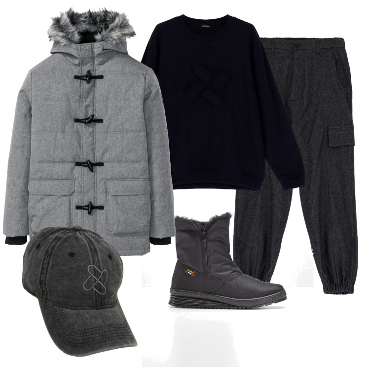 Outfit uomo - Giornata uggiosa. Stile Casual per Tutti i giorni. Abbinamento con stivali e stivaletti, piumini, cappelli con visiera, felpe, pantaloni.