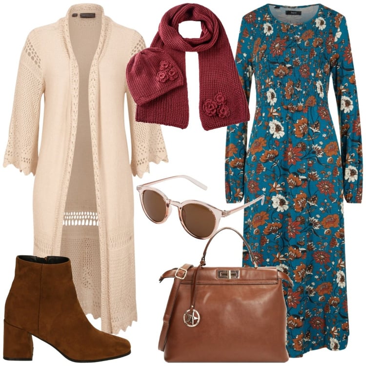 Outfit donna - L’abito a fiori stile boho. Stile Boho per Tutti i giorni. Abbinamento con cardigans, occhiali da sole, vestiti lunghi, sciarpe, borse a mano, stivaletti.