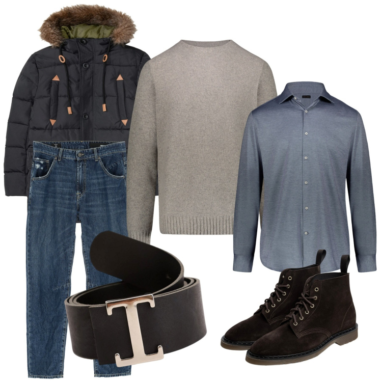 Outfit uomo - Total look #1773336. Stile Urban per Tutti i giorni. Abbinamento con giacche, jeans, cinture, camicie, anfibi, maglieria.