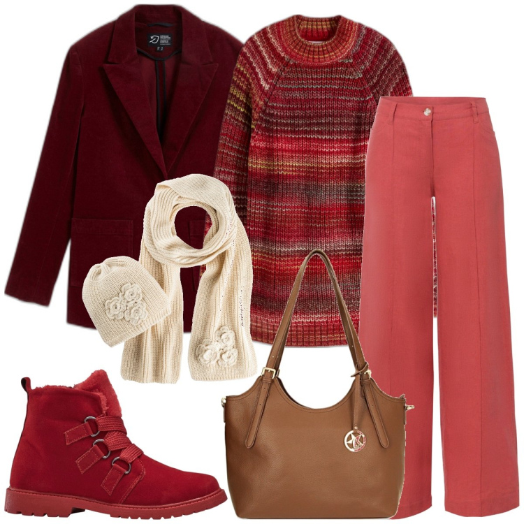 Outfit donna - Università. Stile Casual per Scuola/Università. Abbinamento con pantaloni a palazzo, maglieria, stivaletti, blazer, sciarpe, borse a spalla.