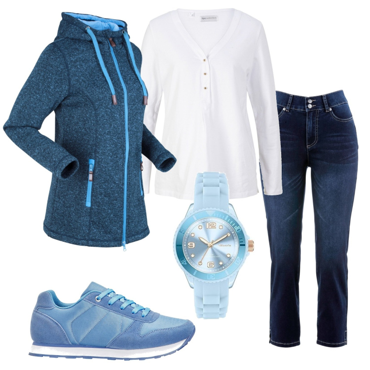 Outfit donna - Total look #1773346. Stile Casual per Tutti i giorni. Abbinamento con blazer, maglieria, sneakers, jeans dritti, orologi analogici.