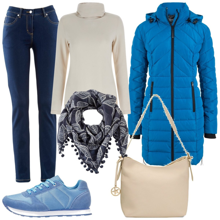 Outfit donna - Blu elettrico. Stile Casual per Tutti i giorni. Abbinamento con blazer, jeans dritti, sneakers, foulard, maglieria, borse a spalla.
