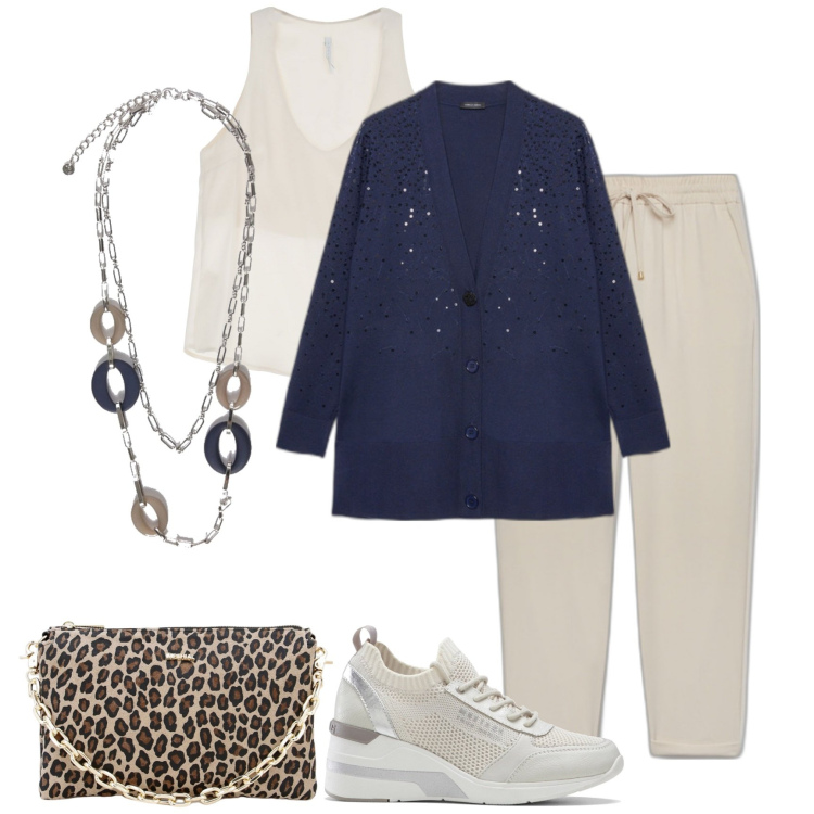Outfit donna - Il cardigan blu notte. Stile Basic per Tutti i giorni. Abbinamento con sneakers, pochette, canottiere, cardigans, pantaloni, ciondoli.