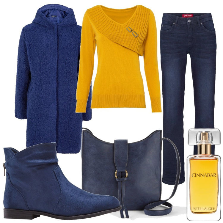 Outfit donna - Total blue. Stile Casual per Scuola/Università. Abbinamento con jeans bootcut, stivaletti, blazer, maglieria, borse a tracolla, profumi.