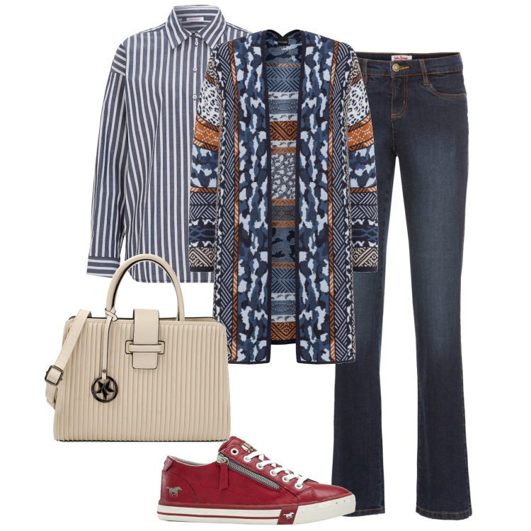 Outfit donna - Total look #1773382. Stile Basic per Tutti i giorni. Abbinamento con camicie, cardigans, sneakers, jeans bootcut, borse a mano.