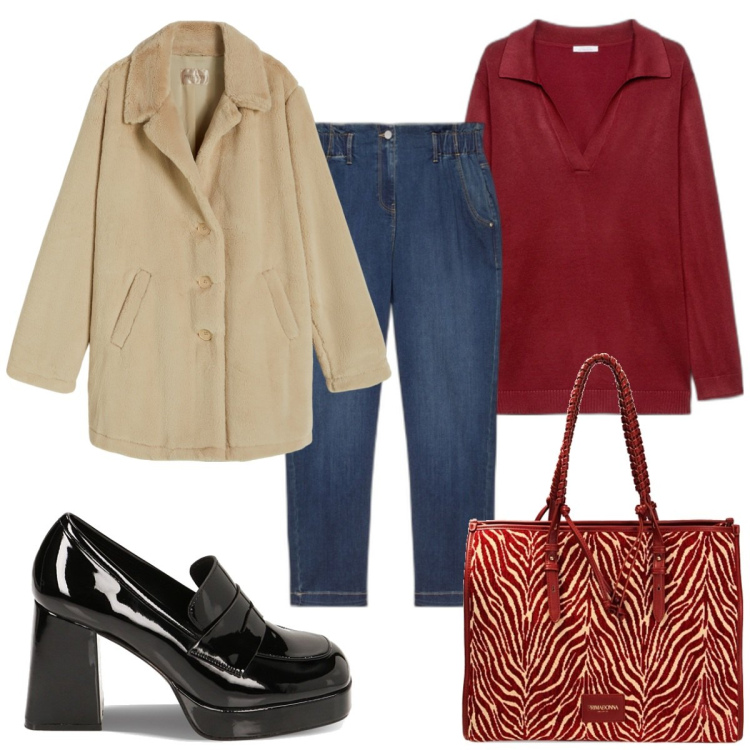 Outfit donna - Total look #1773385. Stile Trendy per Tutti i giorni. Abbinamento con cappotti, mocassini, borse a spalla, maglieria, jeans.