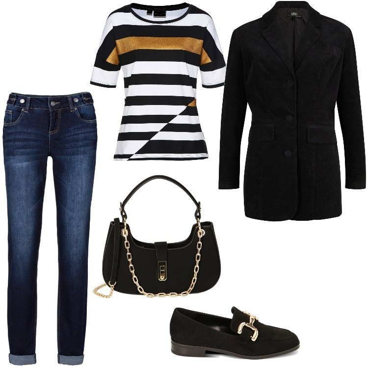 Outfit donna - Total look #1773387-Dicembre. Stile Sporty chic per Ufficio. Abbinamento con jeans boyfriend, maglieria, blazer, borse a spalla, mocassini.