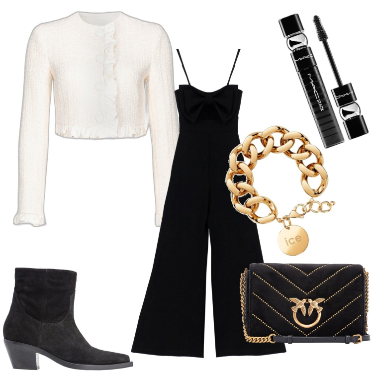 Outfit donna - Sera. Stile Casual chic per Serata fuori. Abbinamento con mascara, stivaletti texani, blazer, borse a tracolla, tute, braccialetti.