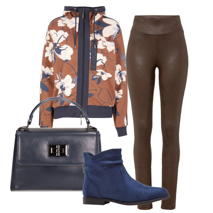 Outfit donna - Blu e marrone. Stile Urban per Tutti i giorni. Abbinamento con stivaletti, felpe, leggings, borse a mano.