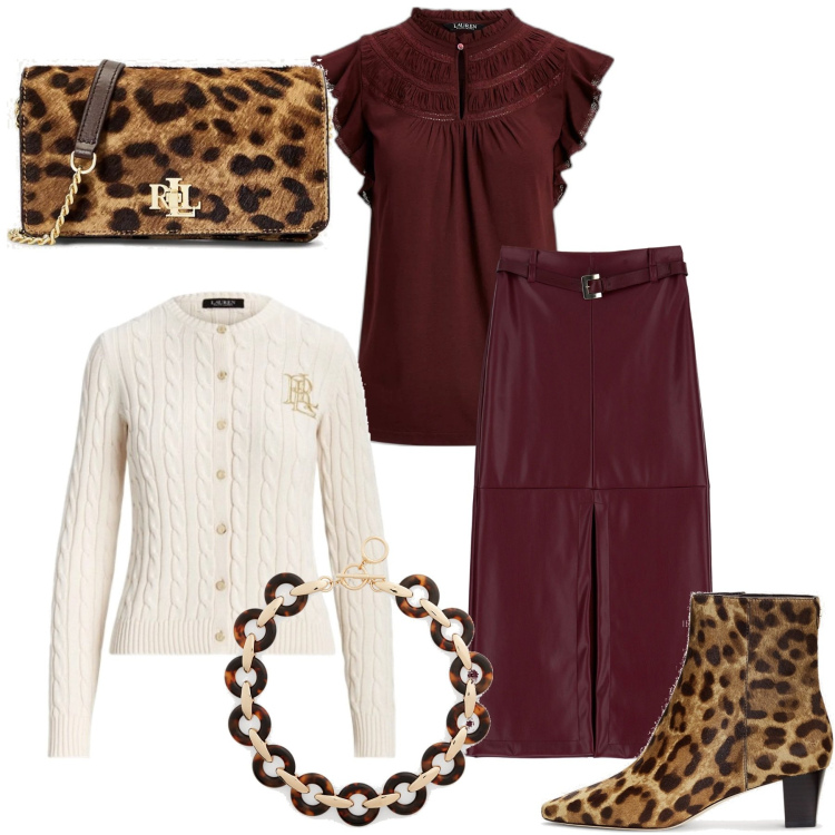 Outfit donna - Con gli accessori di cavallino. Stile Trendy per Tutti i giorni. Abbinamento con gonne lunghe, cardigans, collane, top, borse a tracolla, stivaletti.