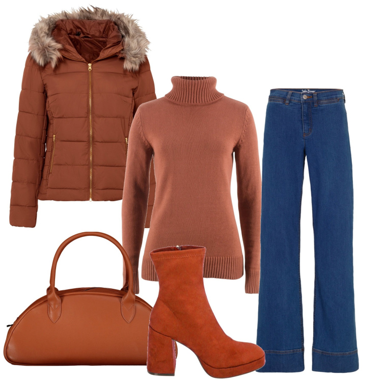 Outfit donna - Terracotta e denim. Stile Casual per Tutti i giorni. Abbinamento con giacche, maglieria, jeans, stivaletti, borse a spalla.