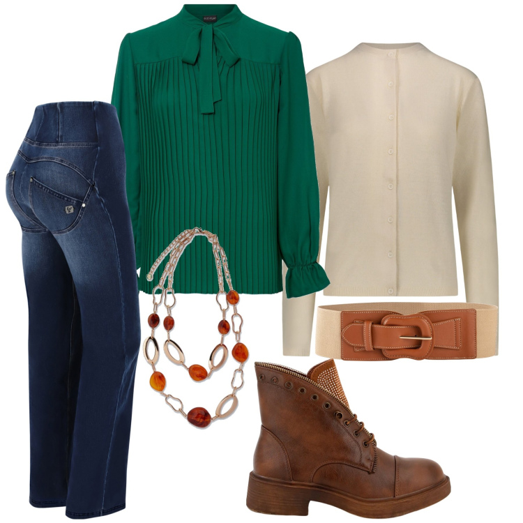 Outfit donna - Verde e complementare. Stile Casual per Tutti i giorni. Abbinamento con bluse, cinture, stivaletti, ciondoli, jeans, cardigans.