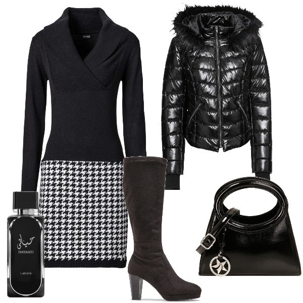 Outfit donna - Il vestito in maglia. Stile Basic per Ufficio. Abbinamento con vestiti, stivali sopra il ginocchio, cappotti, profumi, borse a spalla.