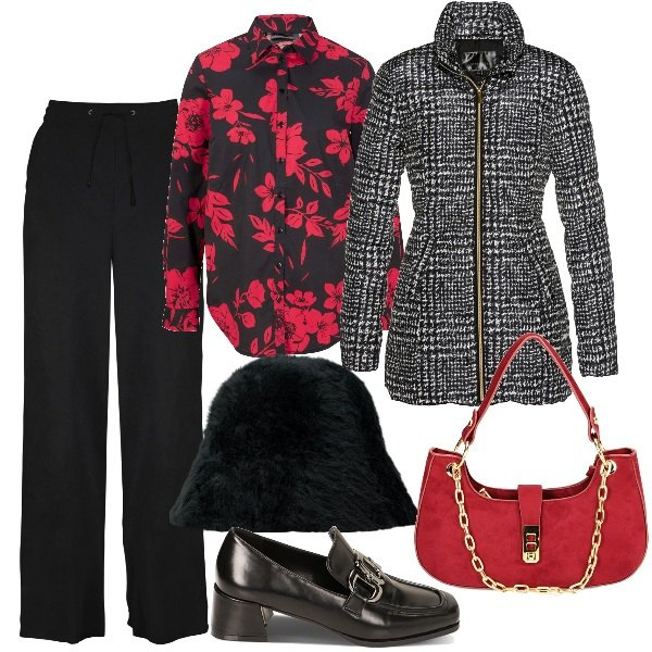 Outfit donna - Primi freddi. Stile Bon Ton per Ufficio. Abbinamento con giacche, pantaloni a palazzo, camicie, borse a spalla, mocassini, cappelli.