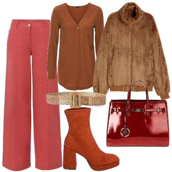 Outfit donna - Arancio marrone. Stile Trendy per Serata fuori. Abbinamento con pantaloni a palazzo, camicie, cinture, blazer, stivaletti, borse a mano.
