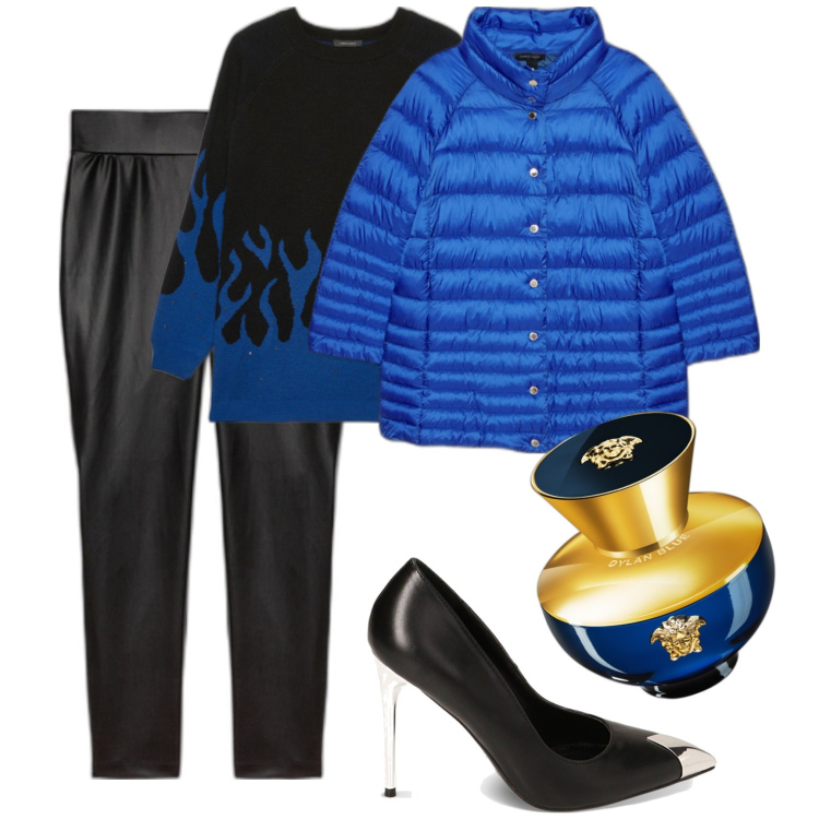 Outfit donna - Bluette. Stile Glamour per Tutti i giorni. Abbinamento con profumi, décolleté, piumini, leggings, maglieria.