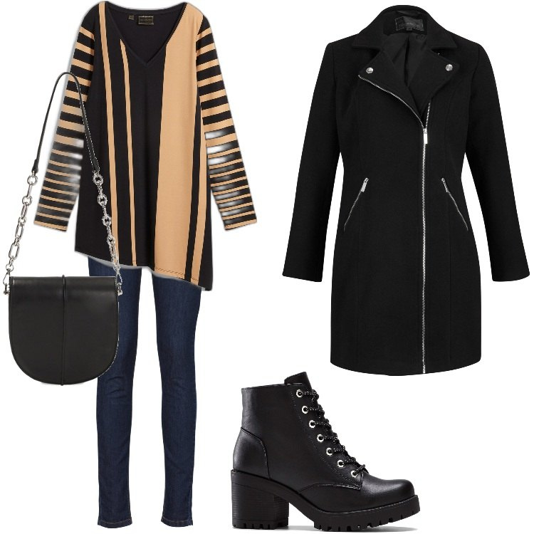 Outfit donna - Total look #1773447-Dicembre. Stile Rock per Tutti i giorni. Abbinamento con jeans skinny, stivaletti, maglieria, cappotti, borse a tracolla.