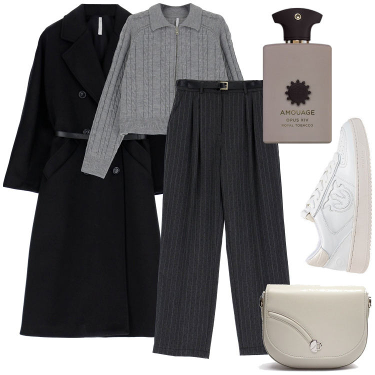 Outfit donna - Easy style. Stile Minimal per Tutti i giorni. Abbinamento con profumi, sneakers, pantaloni a palazzo, cappotti, cardigans, borse a tracolla.